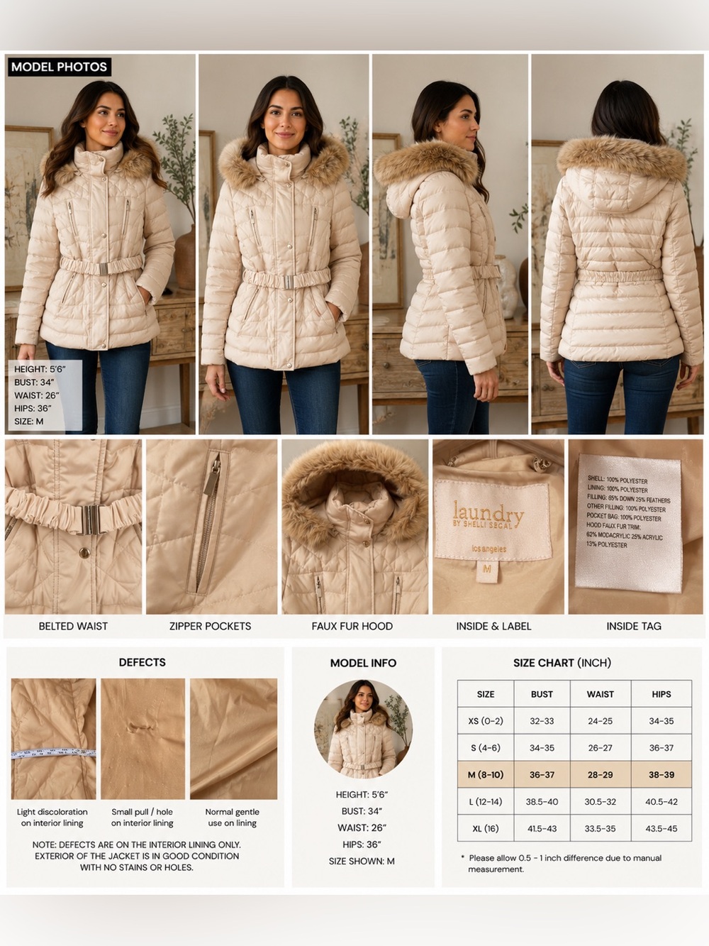 Laundry by Shelli Segal Beige Down Puffer Jacket Faux Fur Hood Belted Coat
